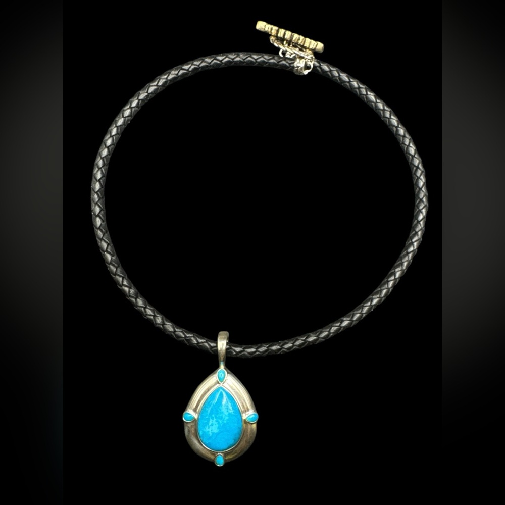 Carolyn Pollack Relios Sterling Brass Turquoise Pendant Necklace Leather 20”